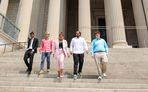 students walking down steps at the capital building