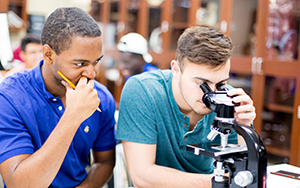 students looking in microscope