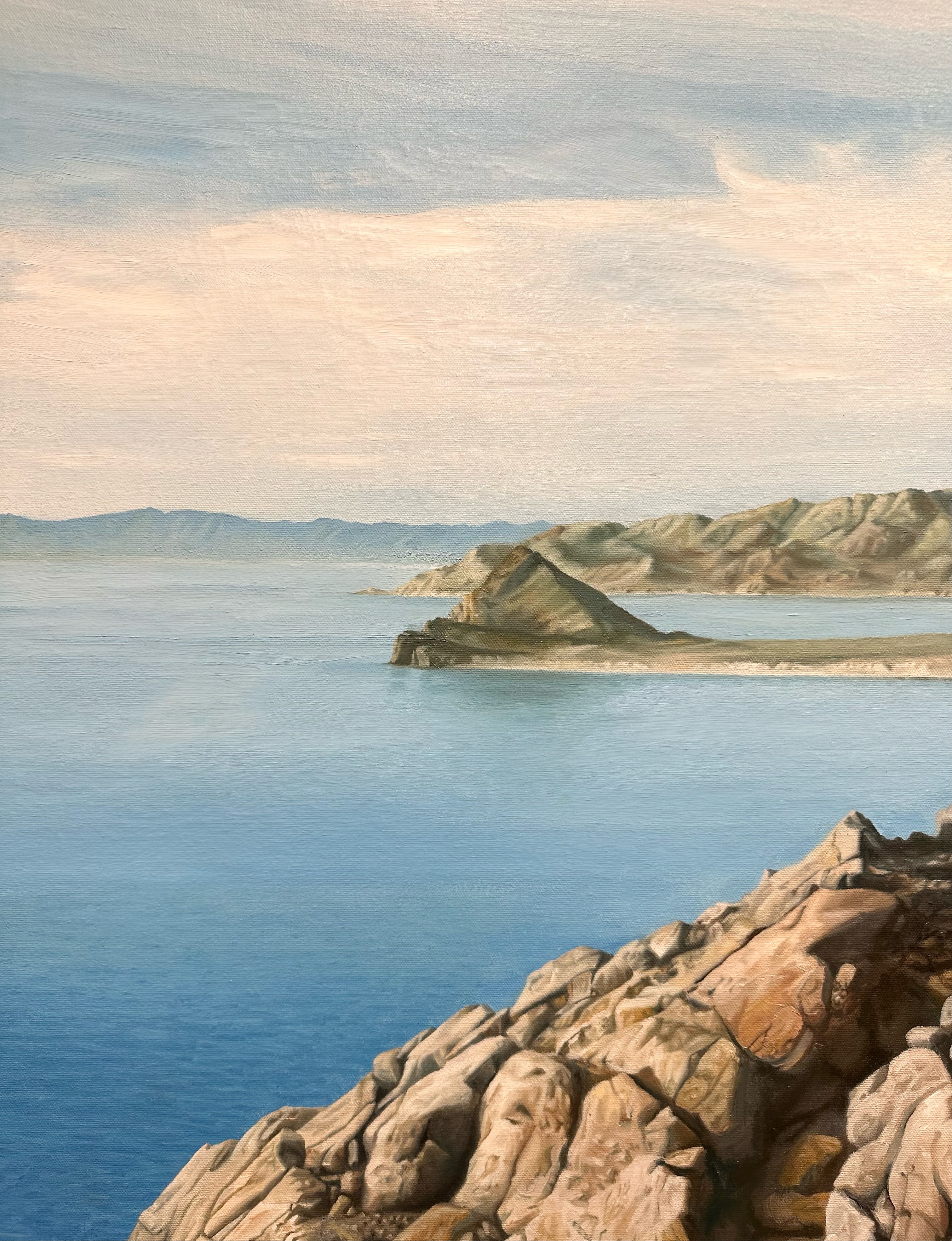 painting of an ocean and rocks